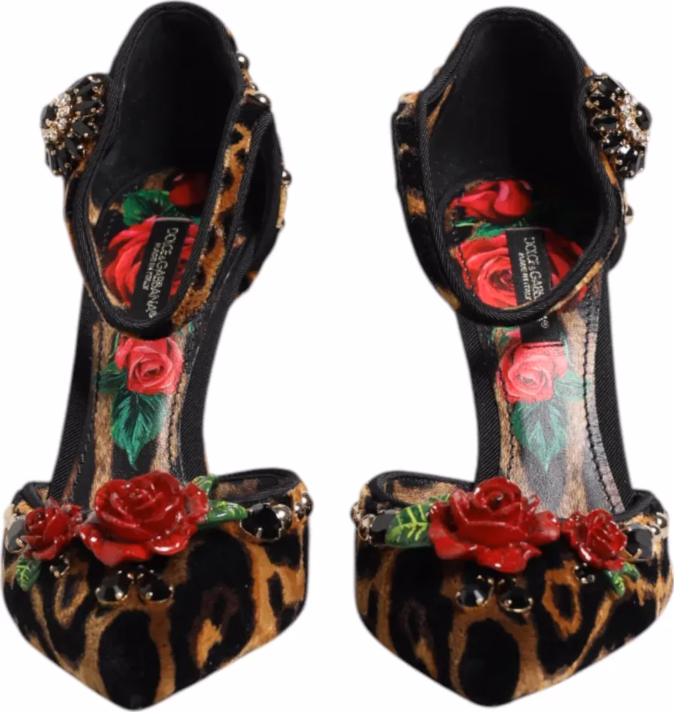 Dolce & Gabbana Brown Leopard Crystal Roses Pumps Shoes