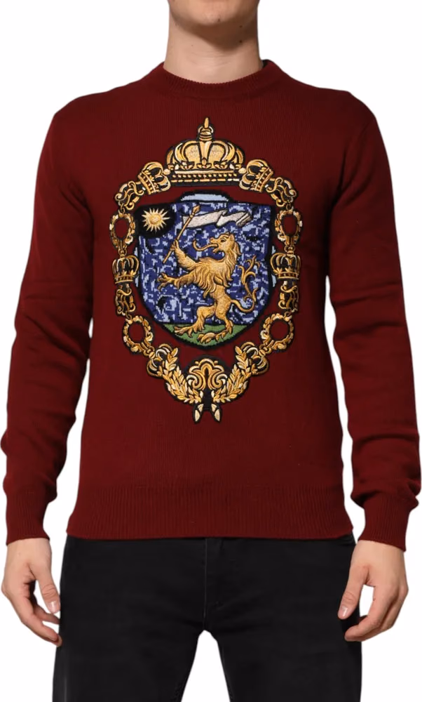 Dolce & Gabbana Burgundy Cashmere Lion Crest Pullover Sweater