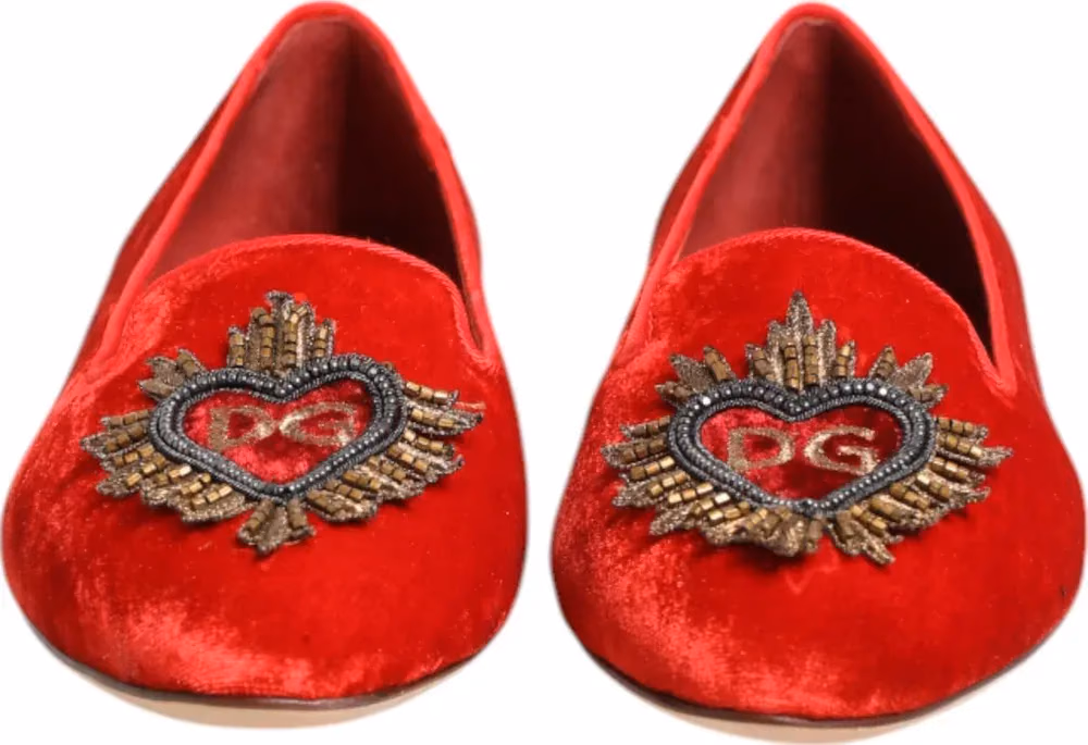 Dolce & Gabbana Red Velvet DG Heart Loafers Flats Shoes
