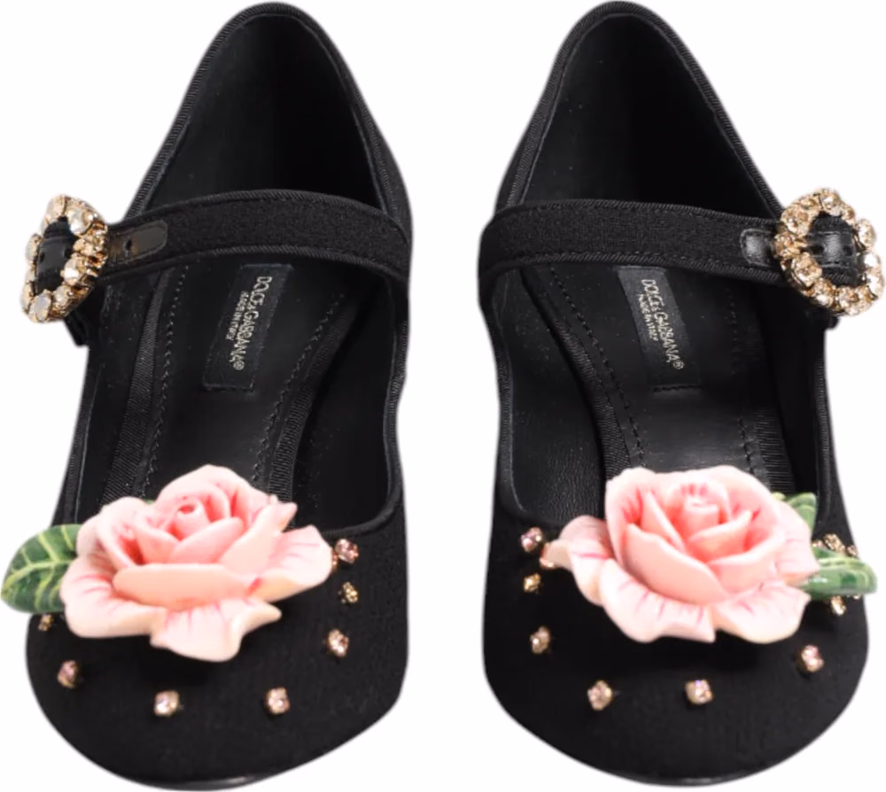 Dolce & Gabbana Black Flower Crystal Embellished Mary Jane Shoes