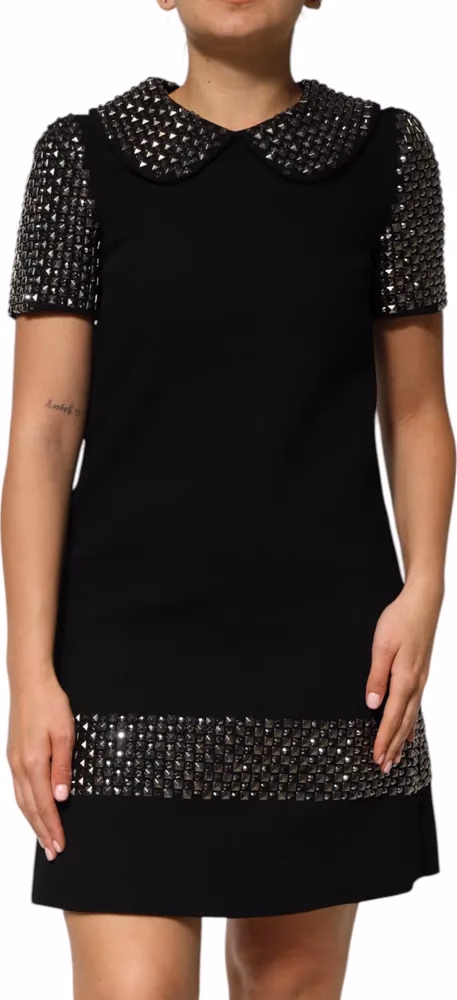 Dolce & Gabbana Black Crystal Embellished Collared Mini Dress