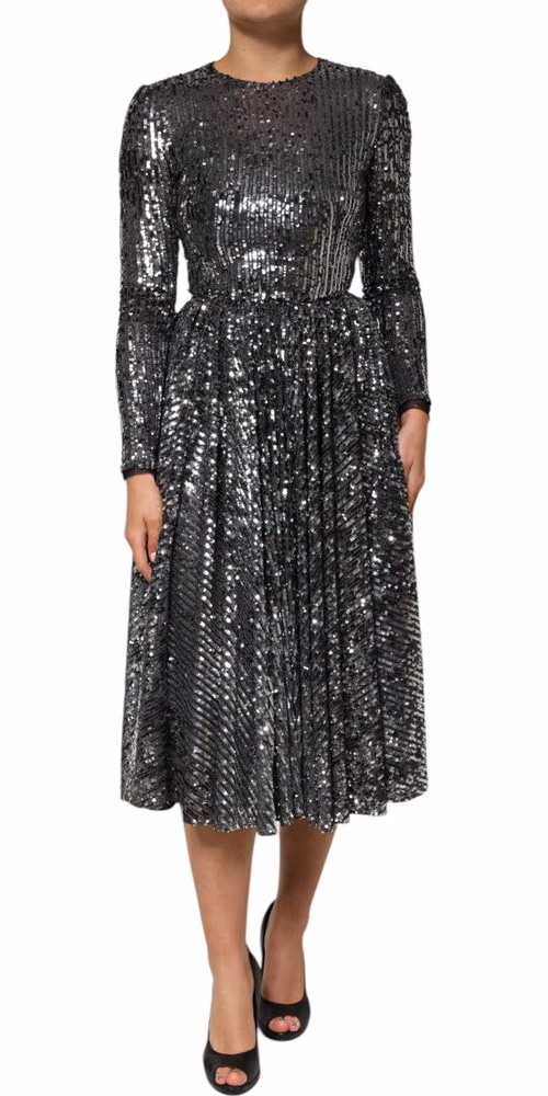Dolce & Gabbana Black Sequined Long Sleeves Midi A-line  Dress