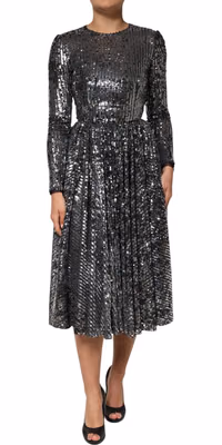 Black Sequined Long Sleeves Midi A-line  Dress