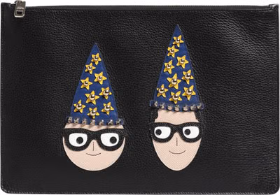 Black Leather #DGFAMILY Embellished Men Clutch Pouch Bag
