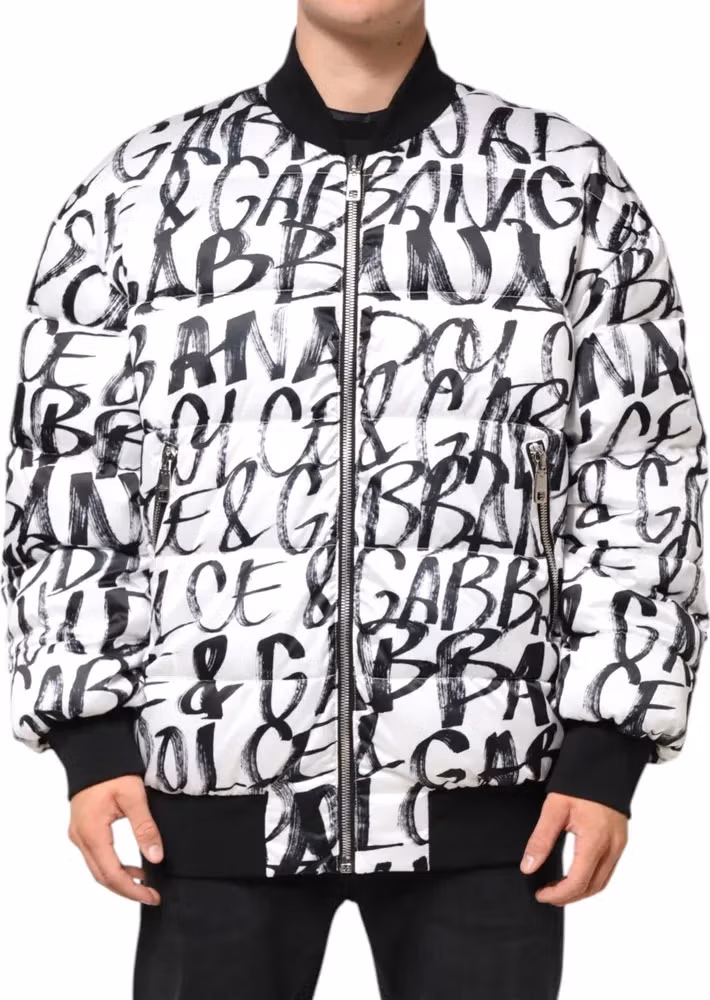 Dolce & Gabbana White Black Graffiti Logo Puffer Bomber Jacket