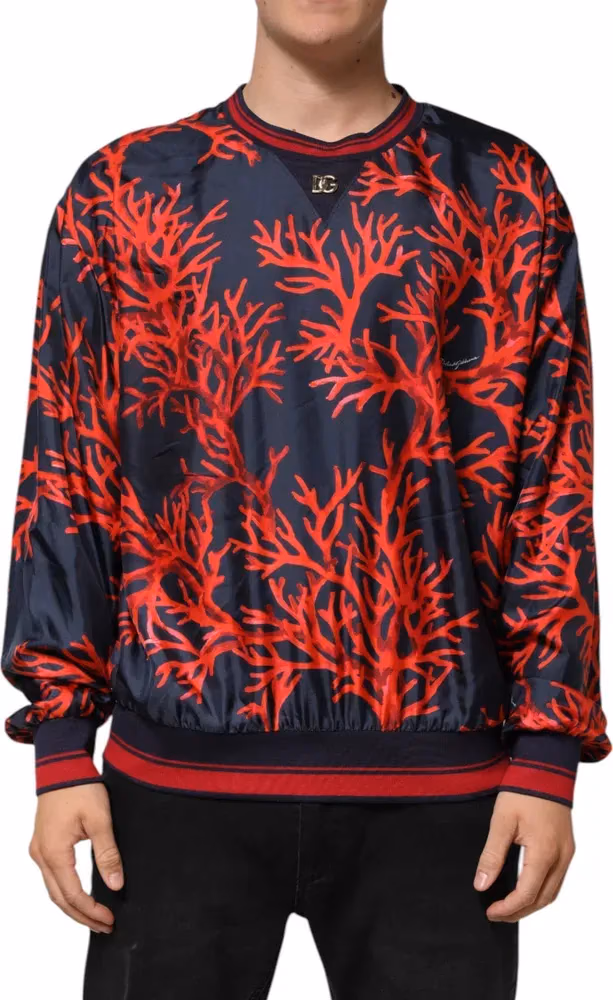 Dolce & Gabbana Silk Navy Red Coral Print Pullover Sweater