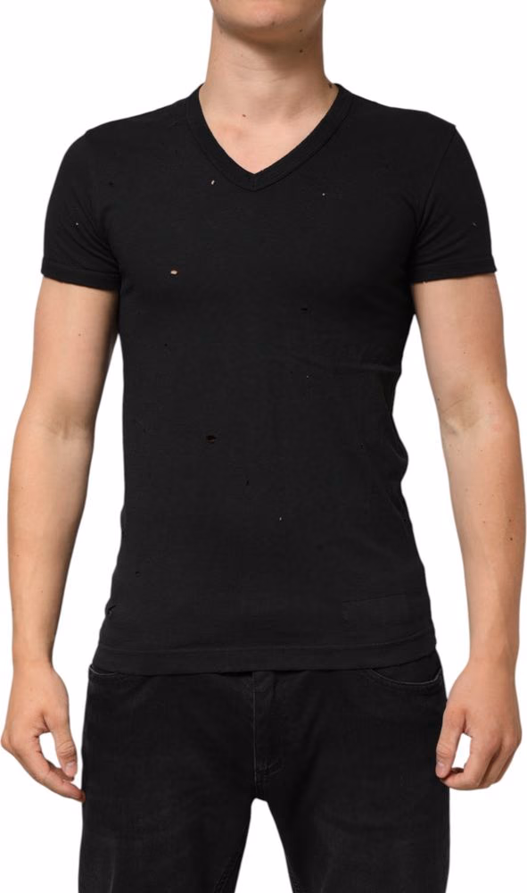 Dolce & Gabbana Black Cotton Tattered Logo V-Neck Men T-shirt