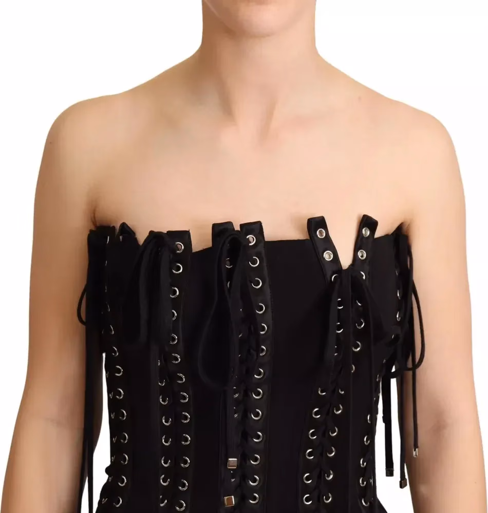 Dolce & Gabbana Black Cady Sleeveless Lace Up Bodycon Dress