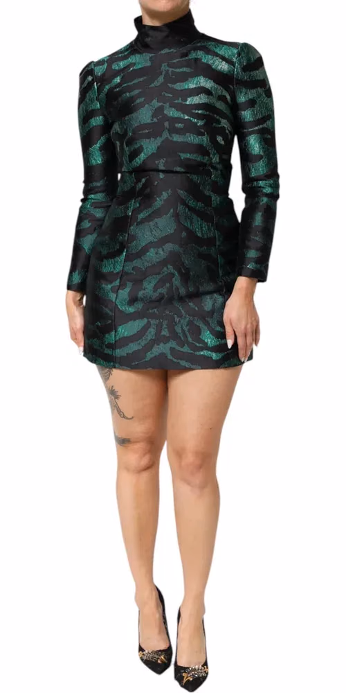 Dolce & Gabbana Black Green Metallic Jacquard Mini Long Dress