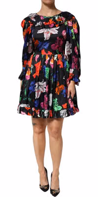 Dress Black Multicolor Floral Ruffle Long Sleeve Mini Dress