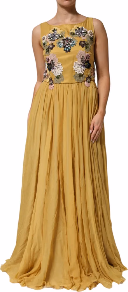 Dolce & Gabbana Yellow Silk Floral Embroidered Maxi Dress
