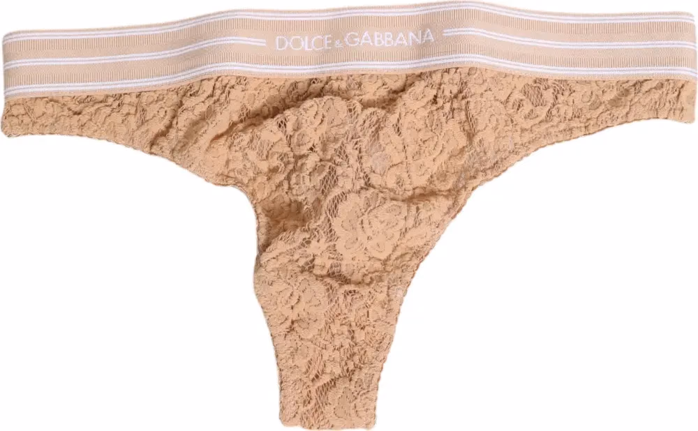 Dolce & Gabbana Beige Lace Logo Elastic Waist Thong Tanga Underwear