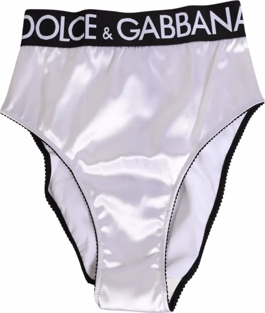 Dolce & Gabbana White Satin High-Waist Black Logo Women Underwear