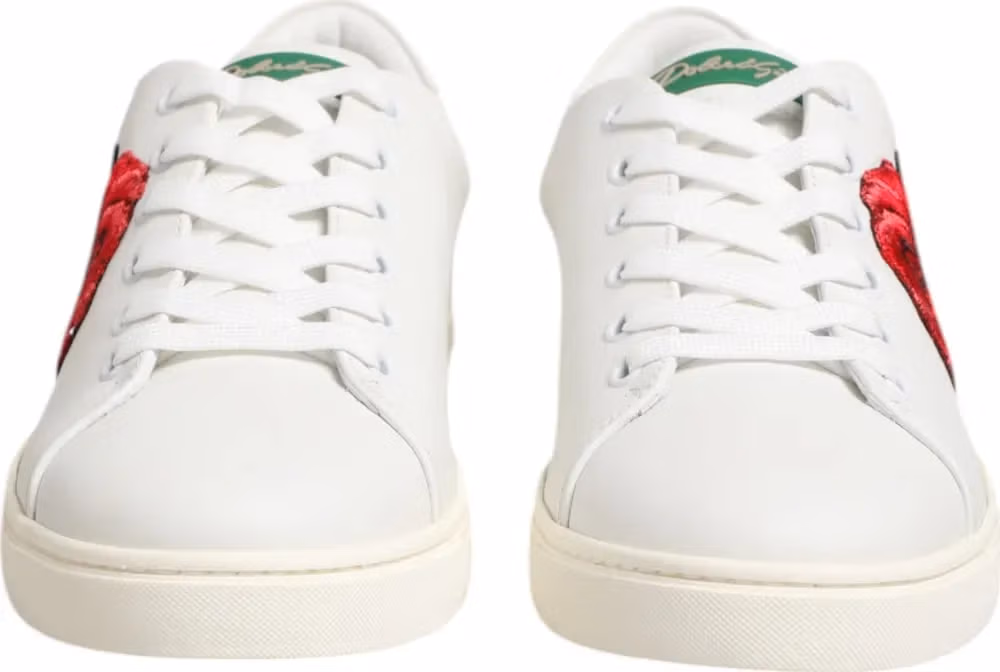 Dolce & Gabbana White Leather Rose Embroidery Low-Top  Shoes