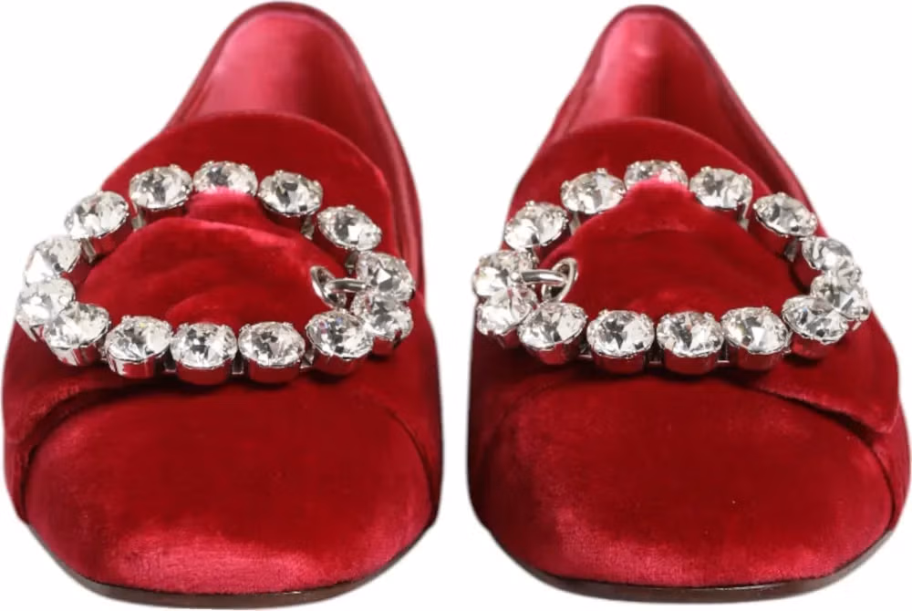 Dolce & Gabbana Red Velvet Crystal Buckle Loafers Flats Shoes