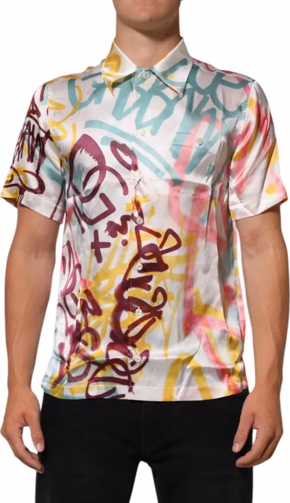 Dolce & Gabbana White Silk Hawaiian Graffiti Print Men Casual Shirt