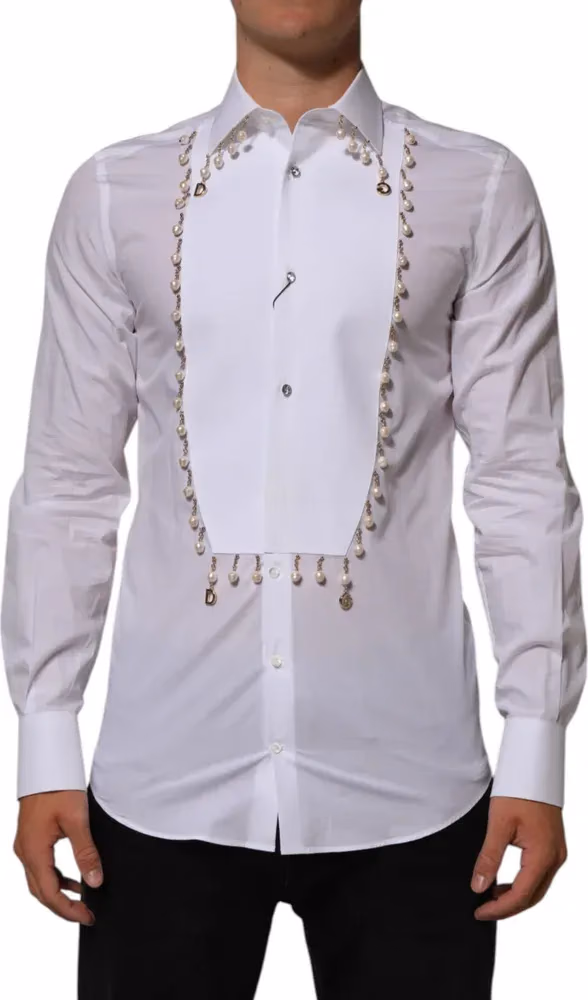 Dolce & Gabbana White Cotton DG Logo Pearl GOLD Formal Shirt