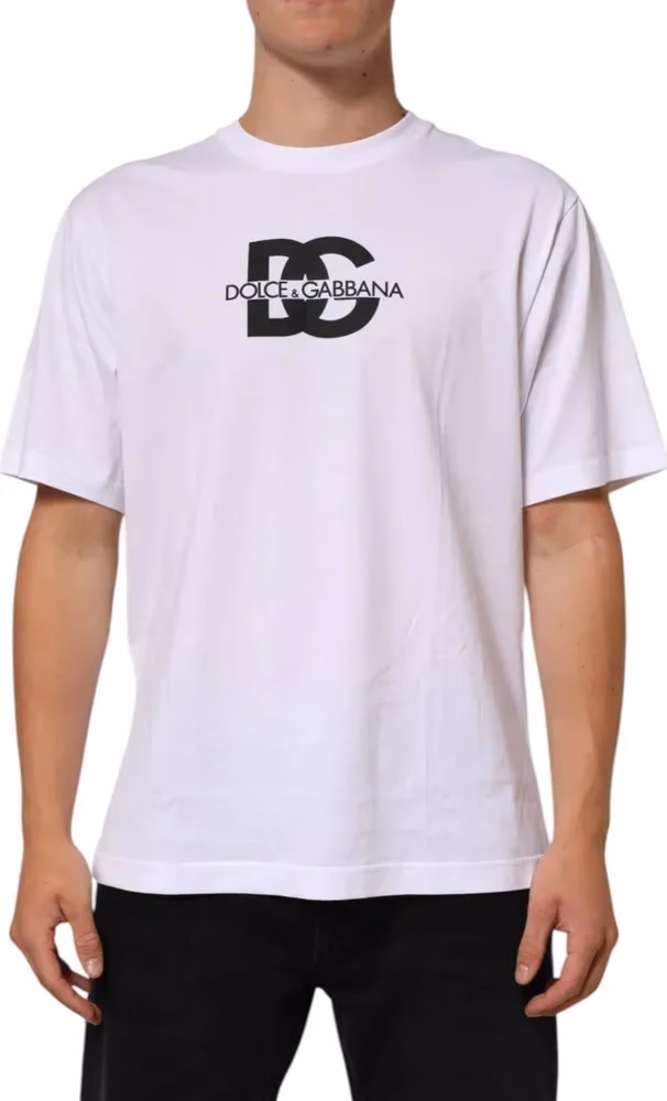 Dolce & Gabbana White Logo Print Cotton Crew Neck Men T-shirt