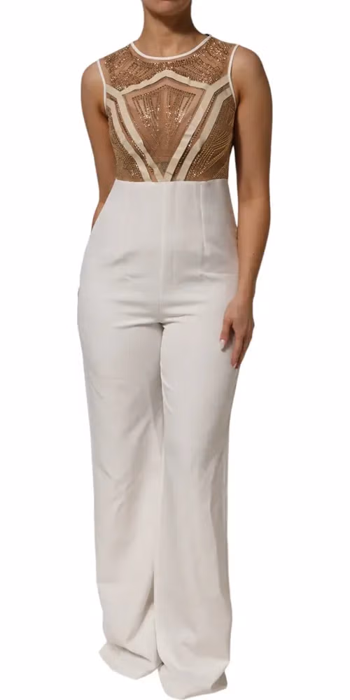 Mangano White Beige Mesh Crystal Embellished Sleeveless Jumpsuit