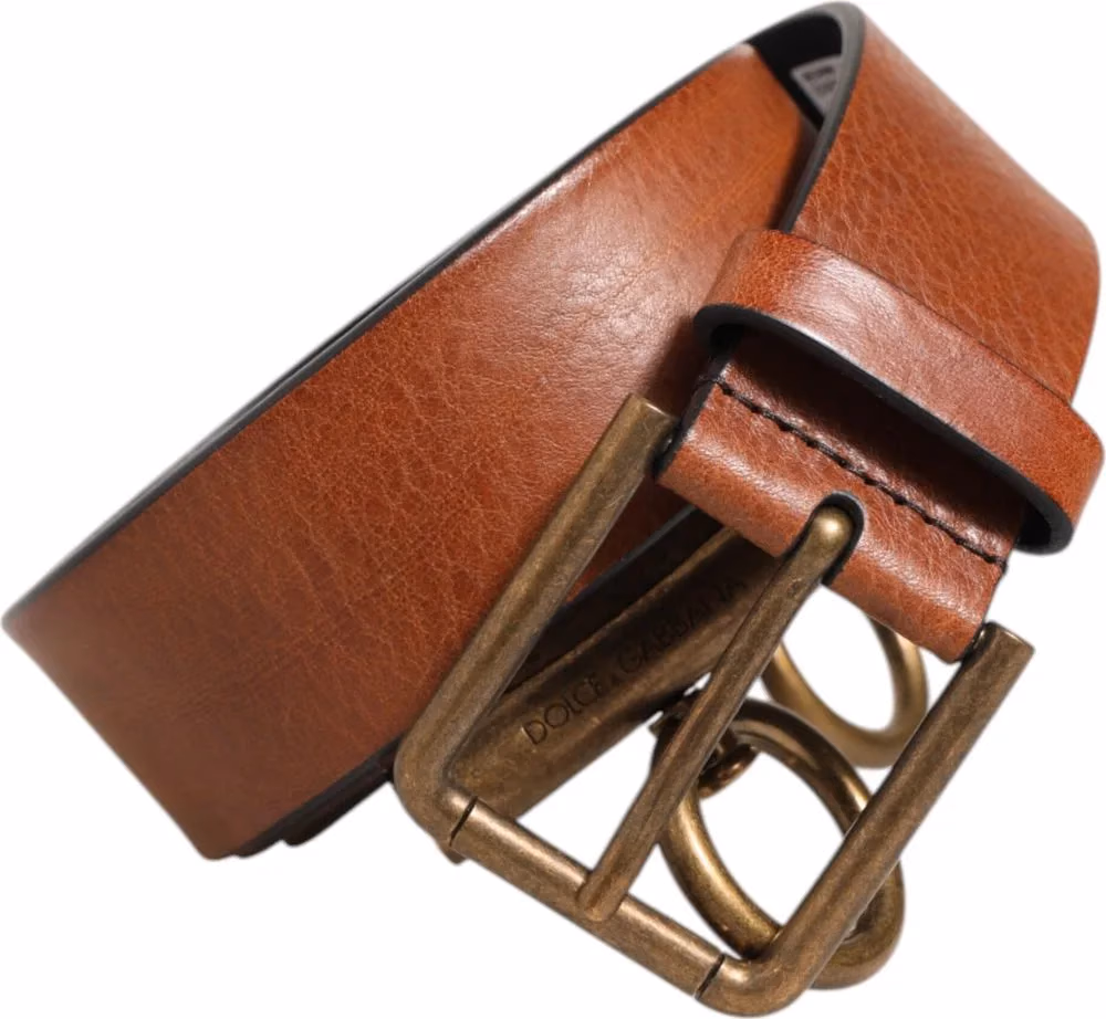 Dolce & Gabbana Brown Leather Side Rings Brass Buckle Belt