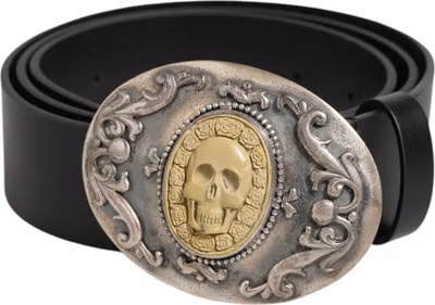 Black Leather Ornate Metal Buckle Men Belt