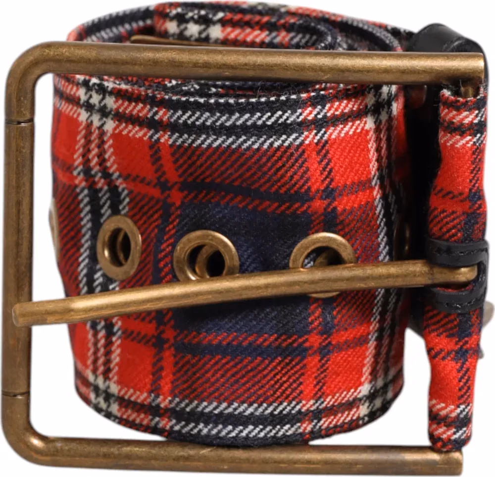 Dolce & Gabbana Red Plaid Fabric Logo Plate Brass Buckle Belt