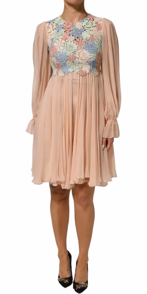 Dolce & Gabbana Pink Floral Embroidery Pleated A-line Dress