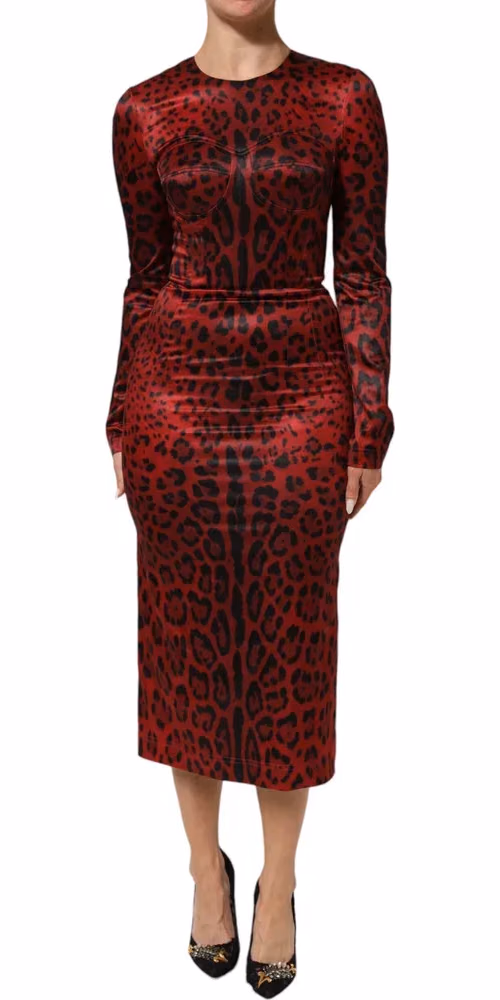 Dolce & Gabbana Red Leopard Sheath Long Sleeves Dress
