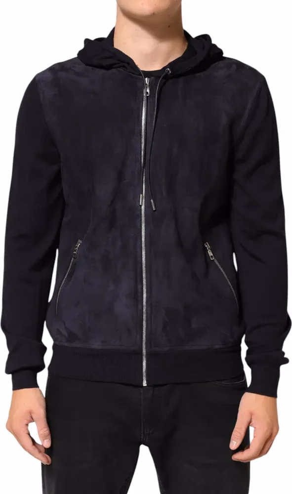 Dolce & Gabbana Black Leather Full Zip Hooded Blouson Jacket