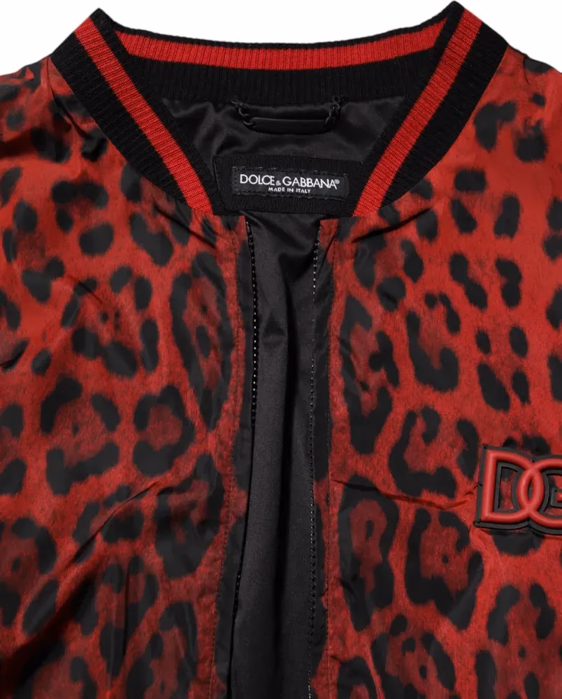 Dolce & Gabbana Red Leopard Print Full Zip Bomber Men Jacket