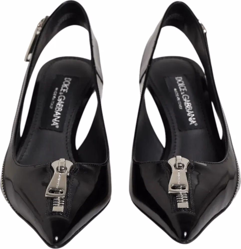 Dolce & Gabbana Black Zipper Leather Heels Slingbacks Shoes