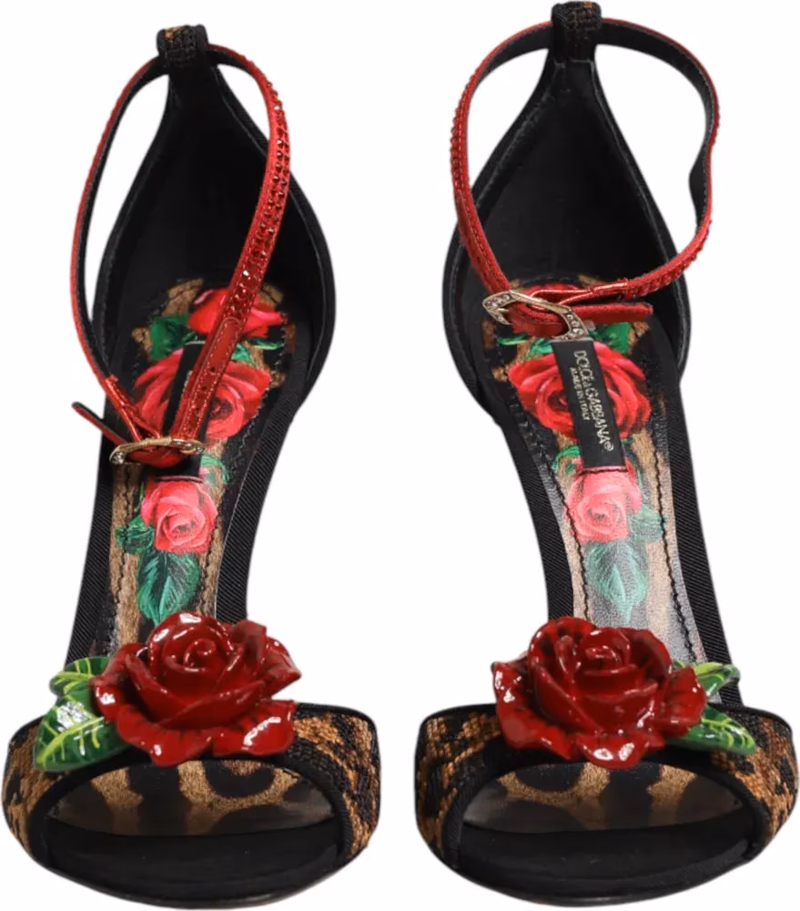Dolce & Gabbana Brown Leopard Crystal Roses Sandals Shoes