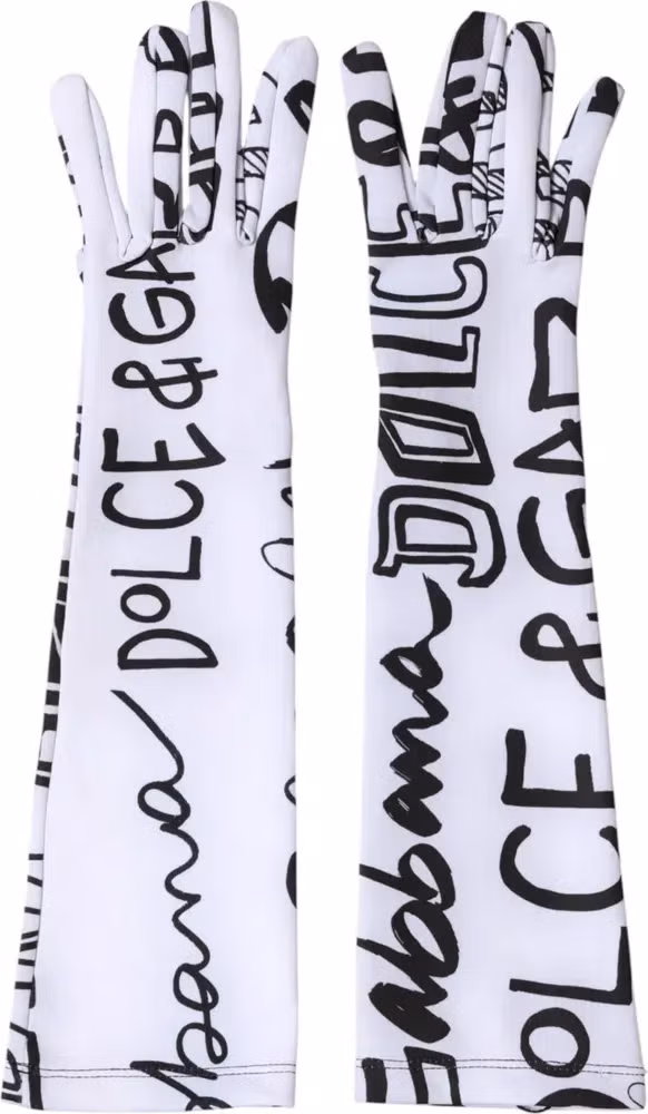 Dolce & Gabbana Black White DG Logo Elbow Length Mitten  Gloves