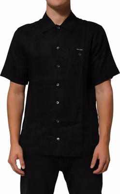 Black Linen Collared Short Sleeve Polo Shirt