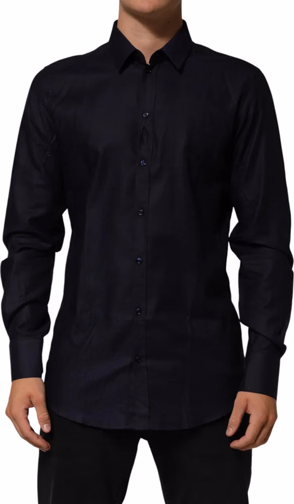 Dolce & Gabbana Blue Cotton Collared Long Sleeve GOLD Men Dress Shirt