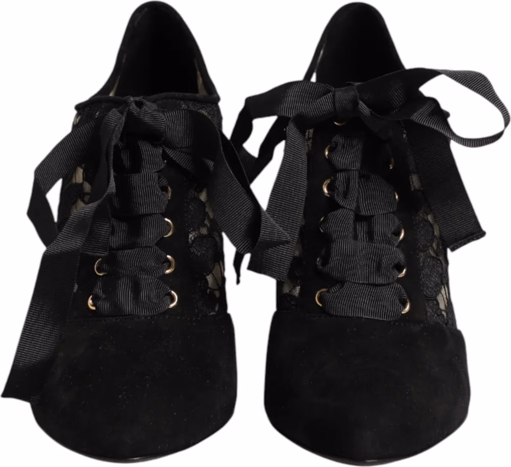 Dolce & Gabbana Black Floral High Heels LACE-UPS Pumps Shoes