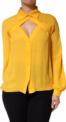Yellow Silk Collared Long Sleeves Top