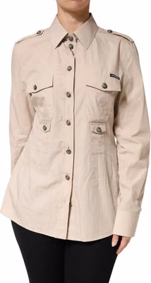 Beige Collared Long Sleeve Cotton Shirt Top