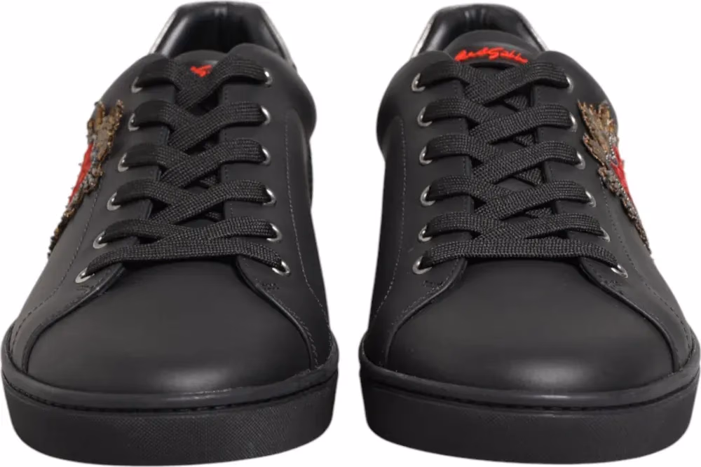 Dolce & Gabbana Black Leather Heart Embellished Sneakers Shoes