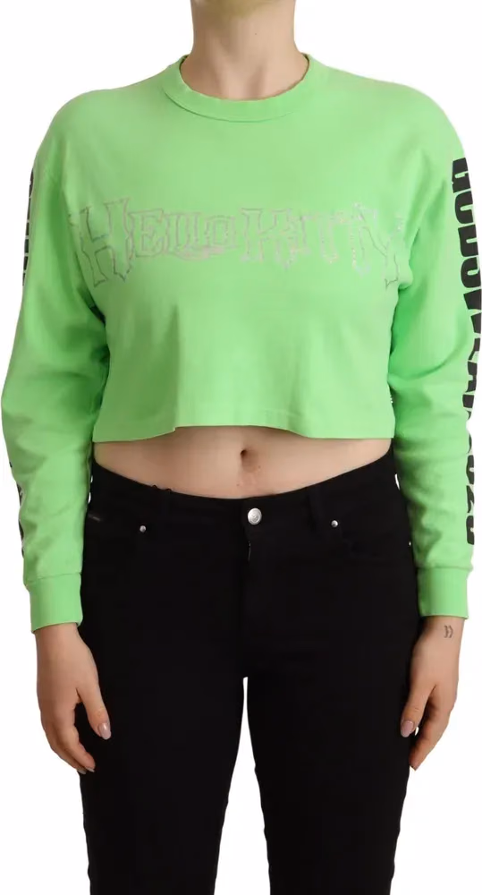GCDS Mint Green Printed Long Sleeves Cropped Top Sweater
