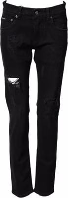 Black Tattered Cotton Men Skinny Denim Jeans