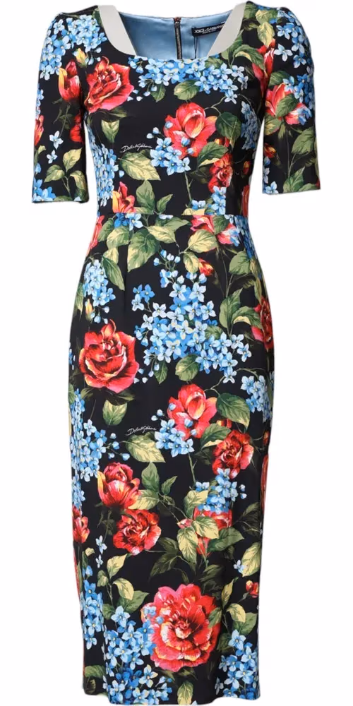 Dolce & Gabbana Black Floral Print Viscose Sheath Midi Dress