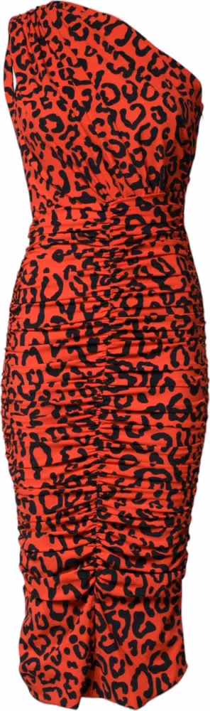 Dolce & Gabbana Red Leopard Print Nylon Sheath Midi Dress