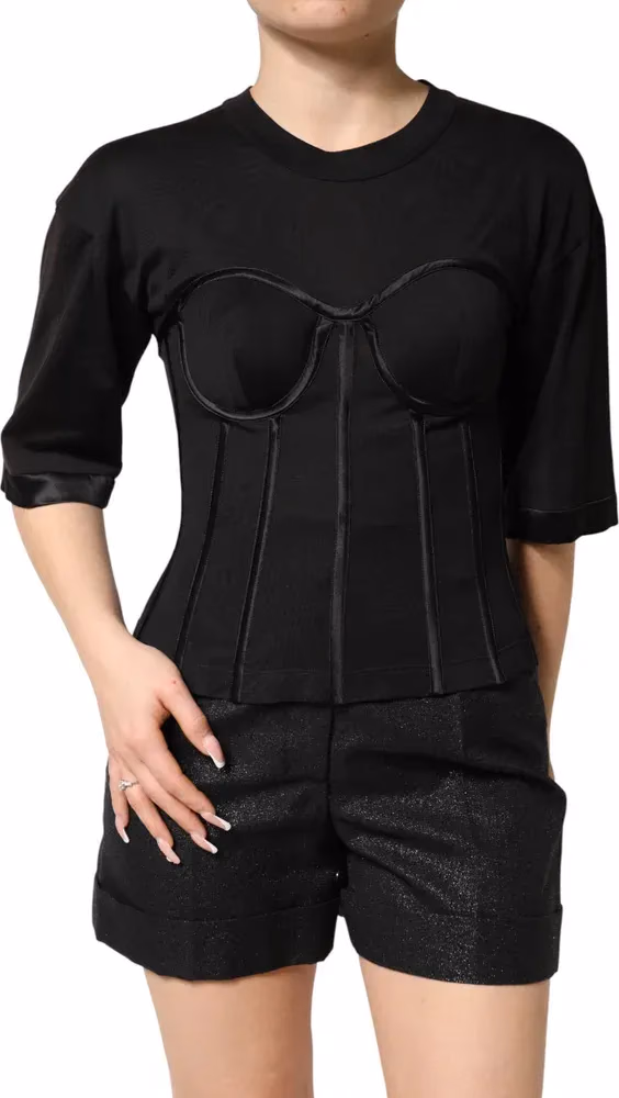 Dolce & Gabbana Black Cotton Bustier Corset Short Sleeves T-shirt
