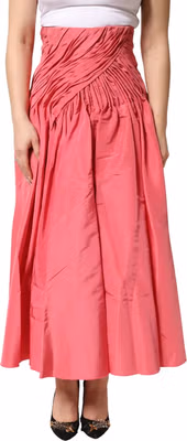 Pink Silk Pleated High Waist Midi Skirt