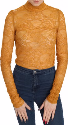 Mustard Turtle Neck Long Sleeve Lace Top Blouse