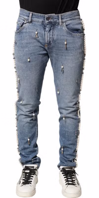 Blue Embellished Cotton Skinny Denim Jeans