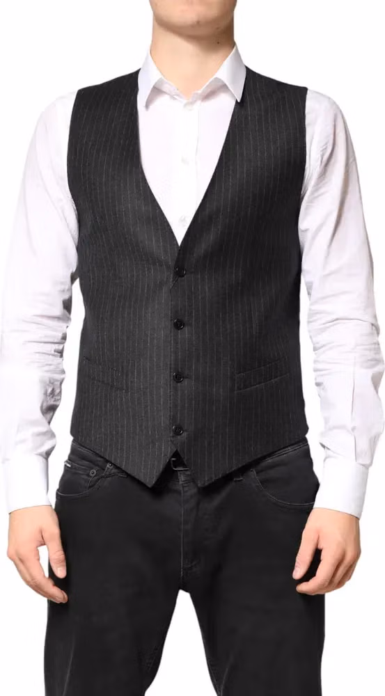 Dolce & Gabbana Black Stripes Wool Dress Men Waistcoat Vest