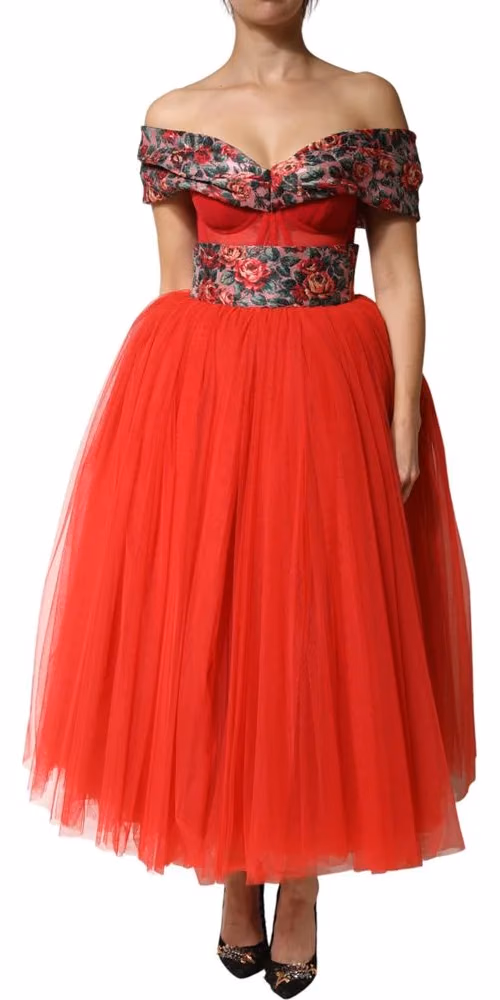 Dolce & Gabbana Red Floral Off Shoulder A-line Gown Dress