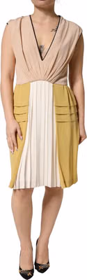 Multicolor Silk Deep V-neck Sleeveless Knee Length Dress